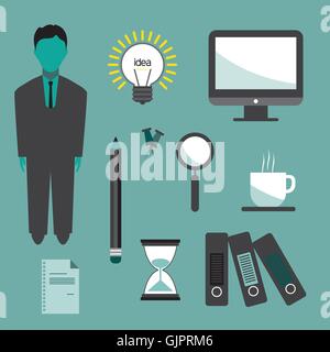 Business idea infographic with icons, persons, computer, pencil and badge, flat design. Digital vector image Stock Vector
