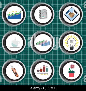 Business icons set, flat style over silver background with white grid. Digital vector image Stock Vector