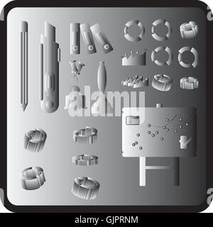 Business elements infographic with icons and charts, silver flat design. Digital vector image Stock Vector