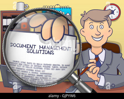 Document Management Solutions through Magnifier. Doodle Concept. Stock Photo