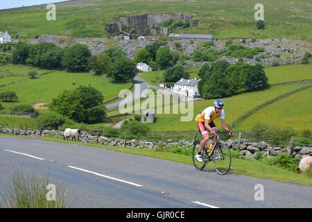 Cyclist on steep hill near Merrivale, Dartmoor National Park, Devon, England Stock Photo