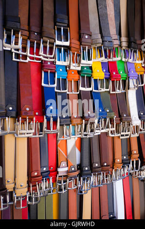 Italian leather belts for sale at Loggia del Mercato Nuovo, Florence, Tuscany, Italy Stock Photo