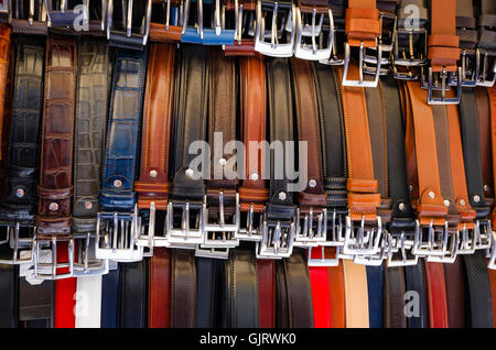 Italian leather belts for sale at Loggia del Mercato Nuovo, Florence, Tuscany, Italy Stock Photo