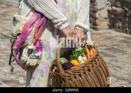 Belgrade, Serbia - Lady walks from green market holding a basket full of groceries in the summer morning Stock Photo