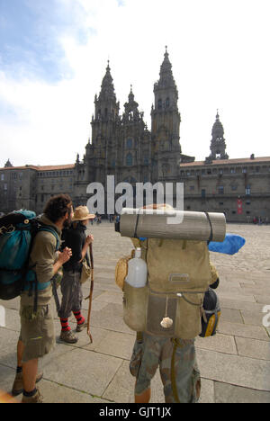 pilgrims in front of the cathedral at the praza do obradoiro Stock Photo