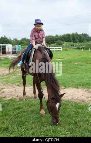 Pretty country girl sitting astride a brown horse, horse feeding green grass Stock Photo