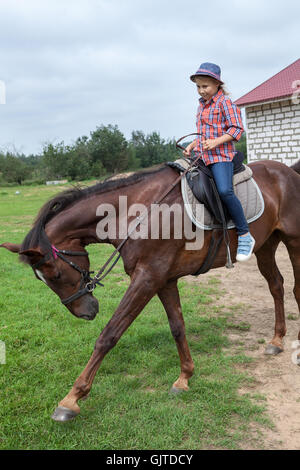 Little girl sitting on the horse, which bowing head and stretching leg Stock Photo