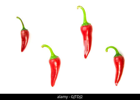 Four ripe red Chilli peppers on over white Stock Photo