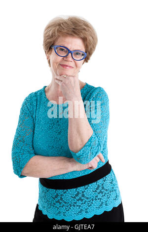 Portrait of a joyful European woman of retirement age isolated on white background