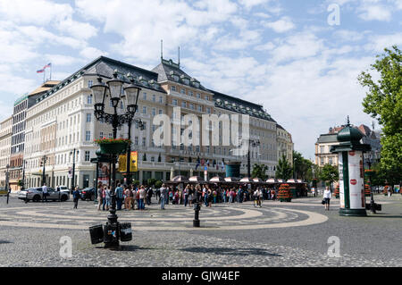 The historic Radisson Blu Carlton Hotel and a row of souvenir stalls on Hviezdoslavovo námestie (Hviezdoslavovo Square), one of Stock Photo