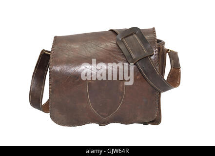 Old leather artillery bag on white background. Clipping path is included Stock Photo
