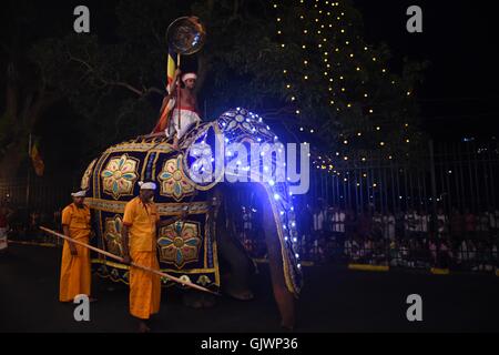 Kandy, Sri Lanka. 17th Aug, 2016. Sri Lankan Kandyan dancers with an elephant take part in a procession during the Esala Perahera festival in Kandy, some 116 km from Colombo, Sri Lanka, on Aug. 17, 2016. The ten-day festival has a great parade presented on Wednesday night, featuring Kandyan dancers, fire twirlers, traditional musicians, acrobatic fire performers and elephants, which draw thousands of tourists and spectators around the island. Credit:  A. Rjhitha/Xinhua/Alamy Live News Stock Photo