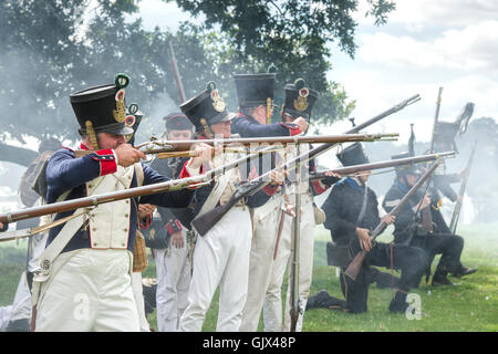 21st eme Regiment de Ligne on the battlefield of a Napoleonic war reenactment at Spetchley Park, Worcestershire, England Stock Photo