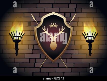 Coat of arms with torches on the wall. Shield with Deer Head, Crown and two spears behind. Stock Vector