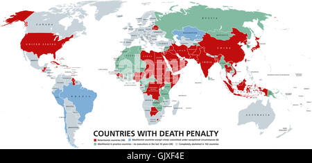 Death penalty countries world map. Retentionist states with capital punishment in red color. Stock Photo