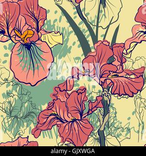Seamless pattern with decorative  iris flower in retro colors. Stock Vector