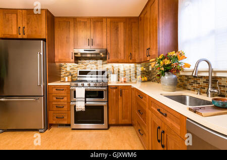 Contemporary upscale home kitchen interior with cherry wood cabinets, quartz countertops, recycled linoleum floors & stainless steel appliances Stock Photo