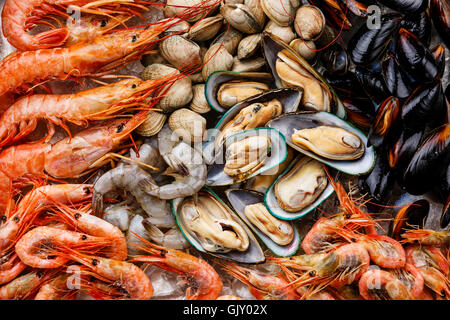 Raw fresh Seafood Cocktail close up with Mussels, Clams, Vongole, Prawns and Shrimps Stock Photo