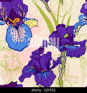 Seamless pattern with decorative  iris flower in retro colors. Stock Vector