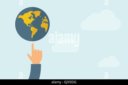 Hand pointing to globe icon. Stock Vector