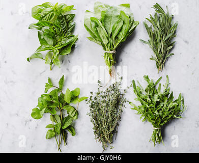 Six bunches of herbs on marble countertop: basil, spinach, rosemary, mint, thyme, rucola. From above shot