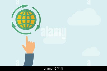 Hand pointing to globe icon Stock Vector