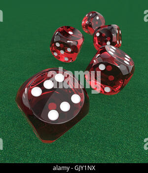 3D Render of 5 classic Red dices rolling forward on Green Casino Felt. Medium DOF. Stock Photo