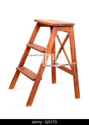 Small old-stile folding wooden ladder isolated on white with clipping path Stock Photo