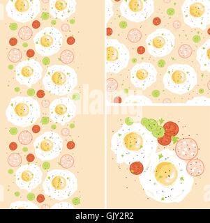 Breakfast eggs set of seamless pattern and borders Stock Vector