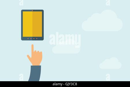 Hand pointing mobile phone with blank screen. Stock Vector