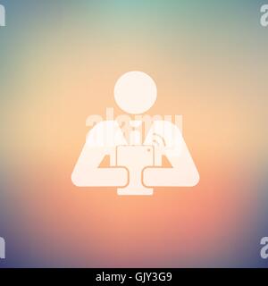 Man holding touchscreen digital tablet  in flat style icon Stock Vector