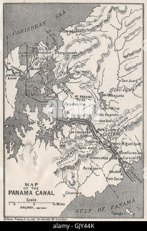 PANAMA CANAL. Vintage map. Railway. Shows canal zone. Caribbean, 1927 Stock Photo