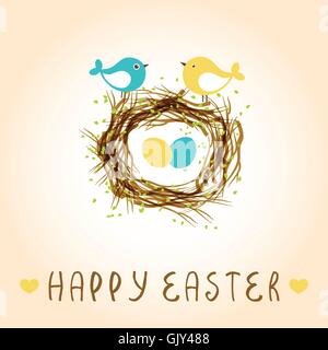 Happy easter card with birds and eggs in the nest. Stock Vector