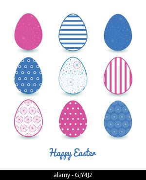 Vector Blue Abstract Line Art Circles Set of Nine Colorful Easter Eggs Card Template Stock Vector