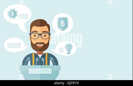 Speaker stands behind a podium with microphones. Stock Vector