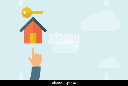 Hand pointing to a house key icon. Stock Vector