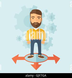Young man standing in circle with 3 arrows on the ground. Stock Vector