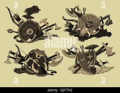 set of shields medieval hand drawing Stock Vector