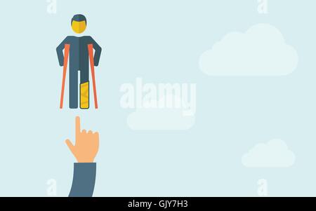 Hand pointing to a man with crutches Stock Vector