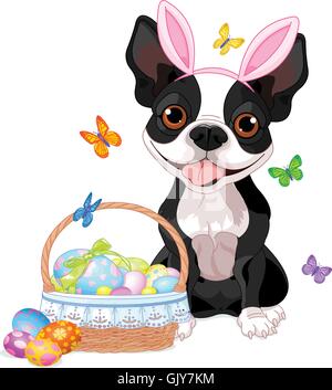 Boston terrier with Easter basket Stock Vector