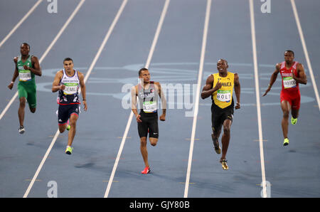 (left-right) Nigeria's Ejowvokoghene Oduduru, Great Britain's Adam Gemili, Canada's Andre De Grasse, Jamaica's Usain Bolt and Bahrain's Salem Eid Yaqoob compete in the second Men's 200m semi final at the Olympic Stadium on the twelfth day of the Rio Olympic Games, Brazil. Picture date: Wednesday August 17, 2016. Photo credit should read: Mike Egerton/PA Wire. EDITORIAL USE ONLY Stock Photo