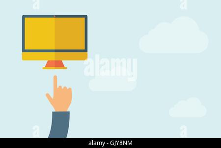 Hand pointing at monitor with blank screen. Stock Vector
