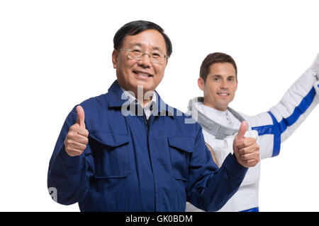 Studio shot male astronauts and engineers Stock Photo