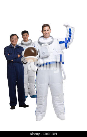 Studio shot male astronauts and engineers Stock Photo