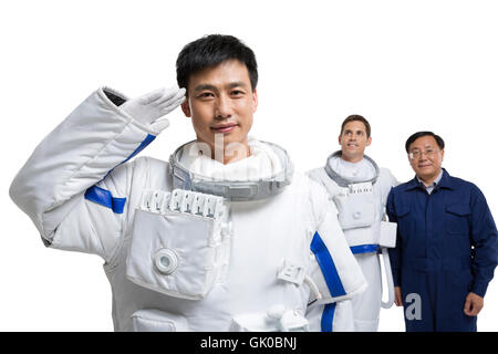 Studio shot male astronauts and engineers Stock Photo