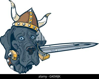 Vector cartoon clip art illustration of a funny cute Blue Great Dane dog head viking mascot. Stock Vector