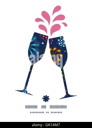 Vector holiday fireworks toasting wine glasses silhouettes pattern frame Stock Vector
