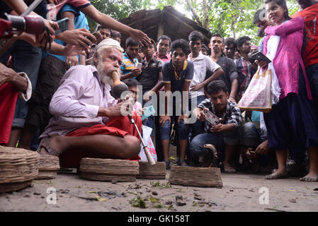 Kolkata, India. 17th Aug, 2016. Thousand of Devotees and snake charmer gather at Khadiyatala near Chakdaha, Nadia on the occasion of Manasa Puja on the last day of Bengali Sravan Month. Snake Charmer perform with snakes during this occasion at Khadiyatala. Manasa, is a Hindu Goddess of snakes, worshipped mainly in Bengal chiefly to prevent and cure snake bite and also for fertility and prosperity. Credit:  Saikat Paul/Pacific Press/Alamy Live News Stock Photo