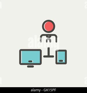 Man with computer set thin line icon Stock Vector