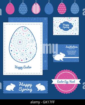 Vector blue abstract line art circles set of Easter cards, labels, tags and banners templates Stock Vector